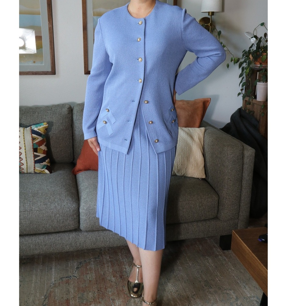 Vintage 80s Castleberry Knit Skirt Suit Set Cornflower Blue Pleated Gold Coin 14